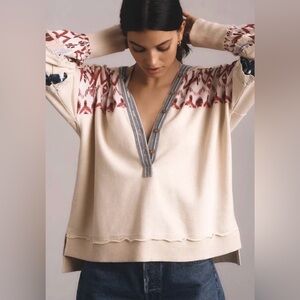 Anthropologie Pilcro Crafted Button Front Pullover Hooded Print Lace Cream S 498